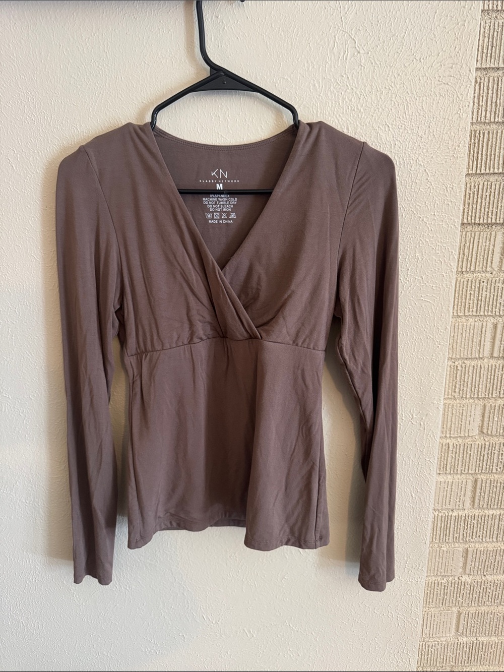 Klassy Network Long Sleeve V-Neck Wrap Top in Brown
